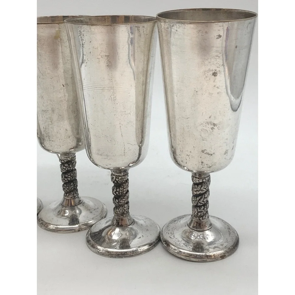 Vintage Tutem Spain Silver Plated Champagne Flutes Set of 6 Grapevine Stem